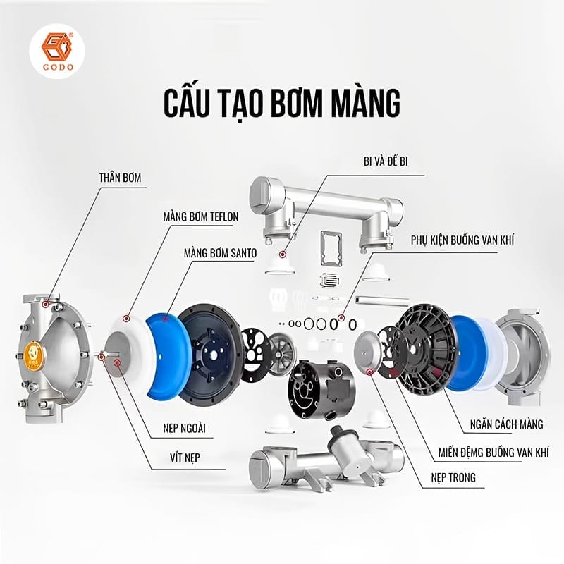 Cấu tạo của bơm màng khí nén Cấu tạo của bơm màng khí nén